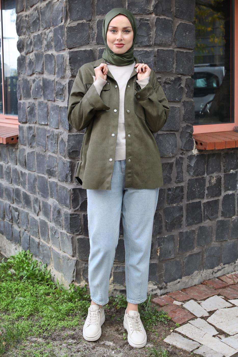 Tesettür giyim HAKİ SÜET GÖMLEK T 3511