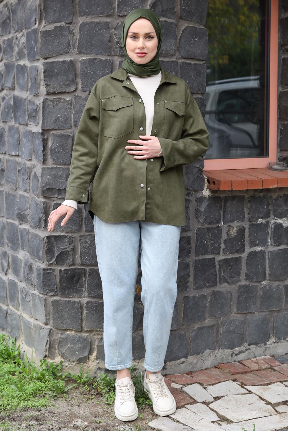 Tesettür giyim HAKİ SÜET GÖMLEK T 3511