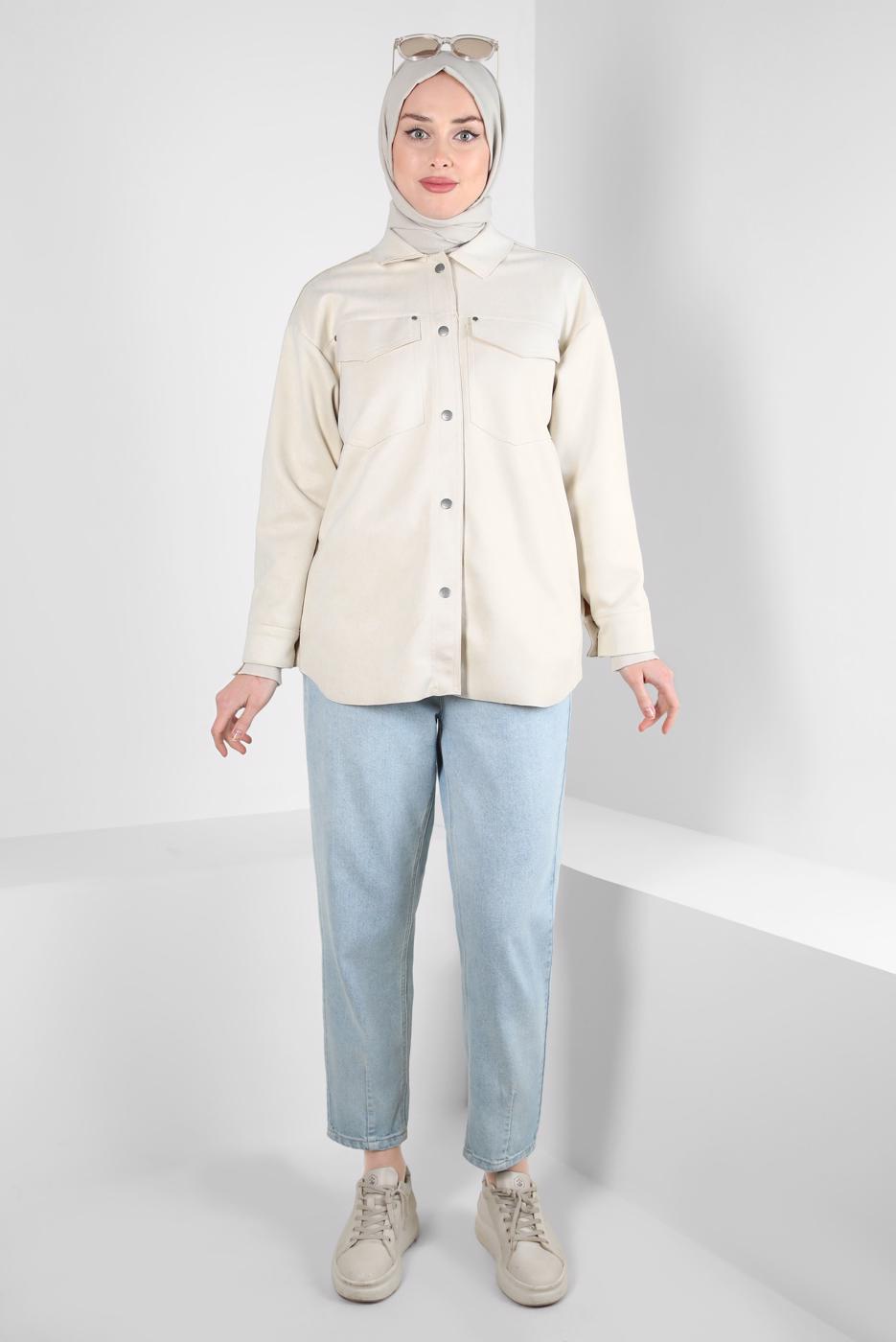 Tesettür giyim BEJ SÜET GÖMLEK T 3511