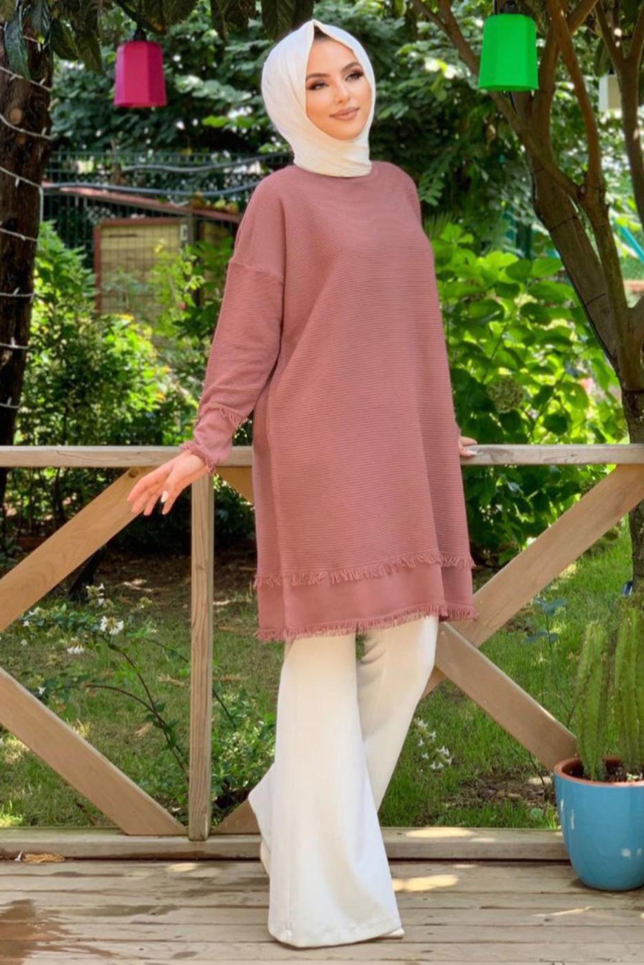 Tesettür giyim PEMBE PÜSKÜL DETAYLI TRİKO TUNİK T 4132