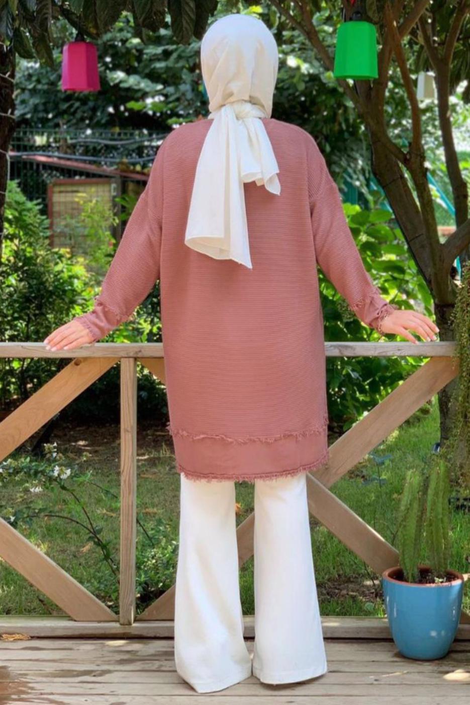 Tesettür giyim PEMBE PÜSKÜL DETAYLI TRİKO TUNİK T 4132