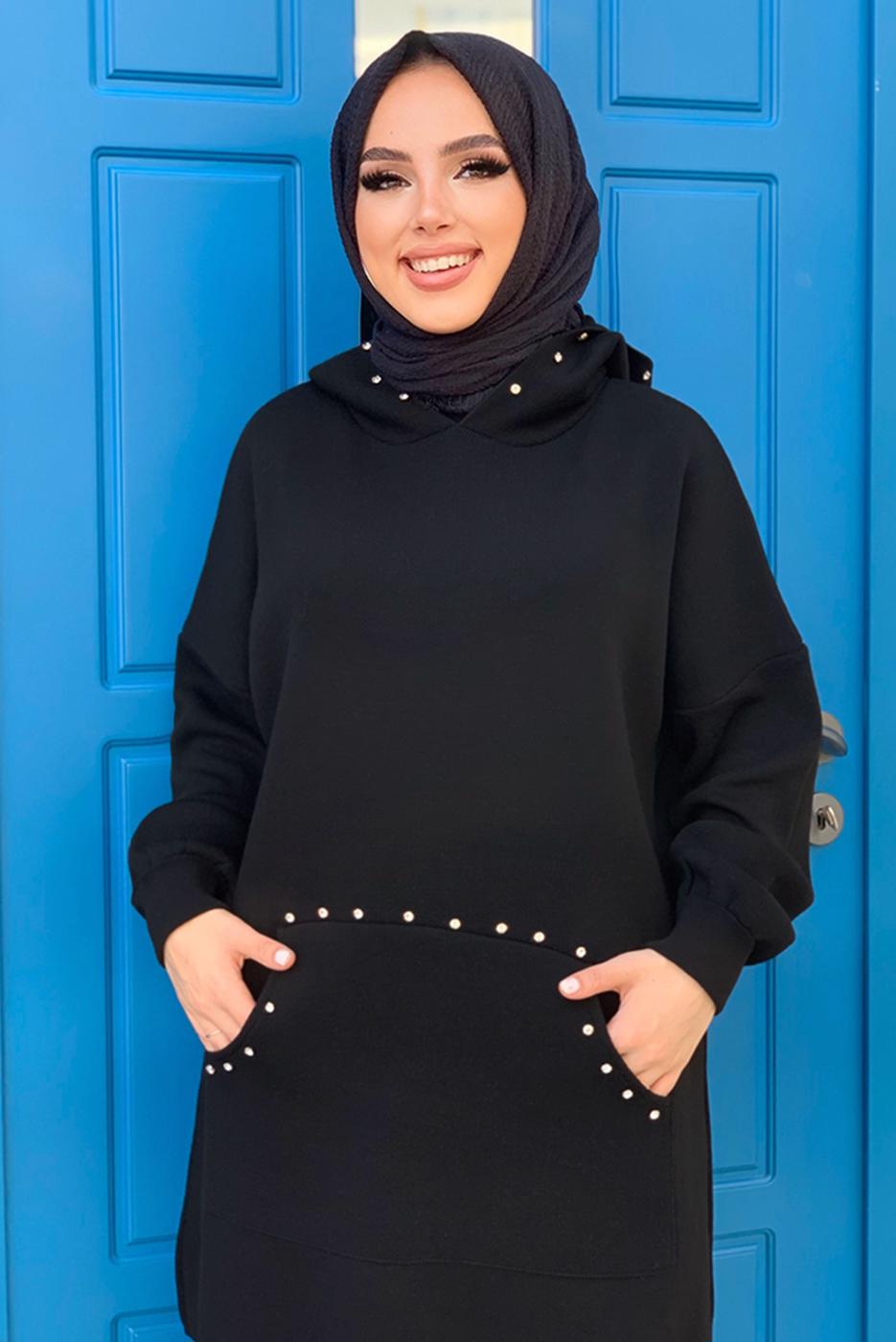 Tesettür giyim SİYAH KAPÜŞONLU TAŞ DETAYLI TRİKO TUNİK T 44222