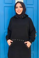 Tesettür giyim SİYAH KAPÜŞONLU TAŞ DETAYLI TRİKO TUNİK T 44222