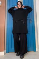 Tesettür giyim SİYAH KAPÜŞONLU TAŞ DETAYLI TRİKO TUNİK T 44222