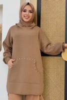 Tesettür giyim TABA KAPÜŞONLU TAŞ DETAYLI TRİKO TUNİK T 44222