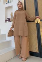 Tesettür giyim TABA KAPÜŞONLU TAŞ DETAYLI TRİKO TUNİK T 44222