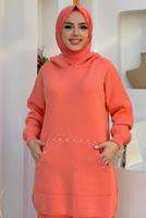 Tesettür giyim NARÇİÇEĞİ KAPÜŞONLU TAŞ DETAYLI TRİKO TUNİK T 44222