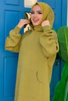 Tesettür giyim YEŞİL KAPÜŞONLU TAŞ DETAYLI TRİKO TUNİK T 44222