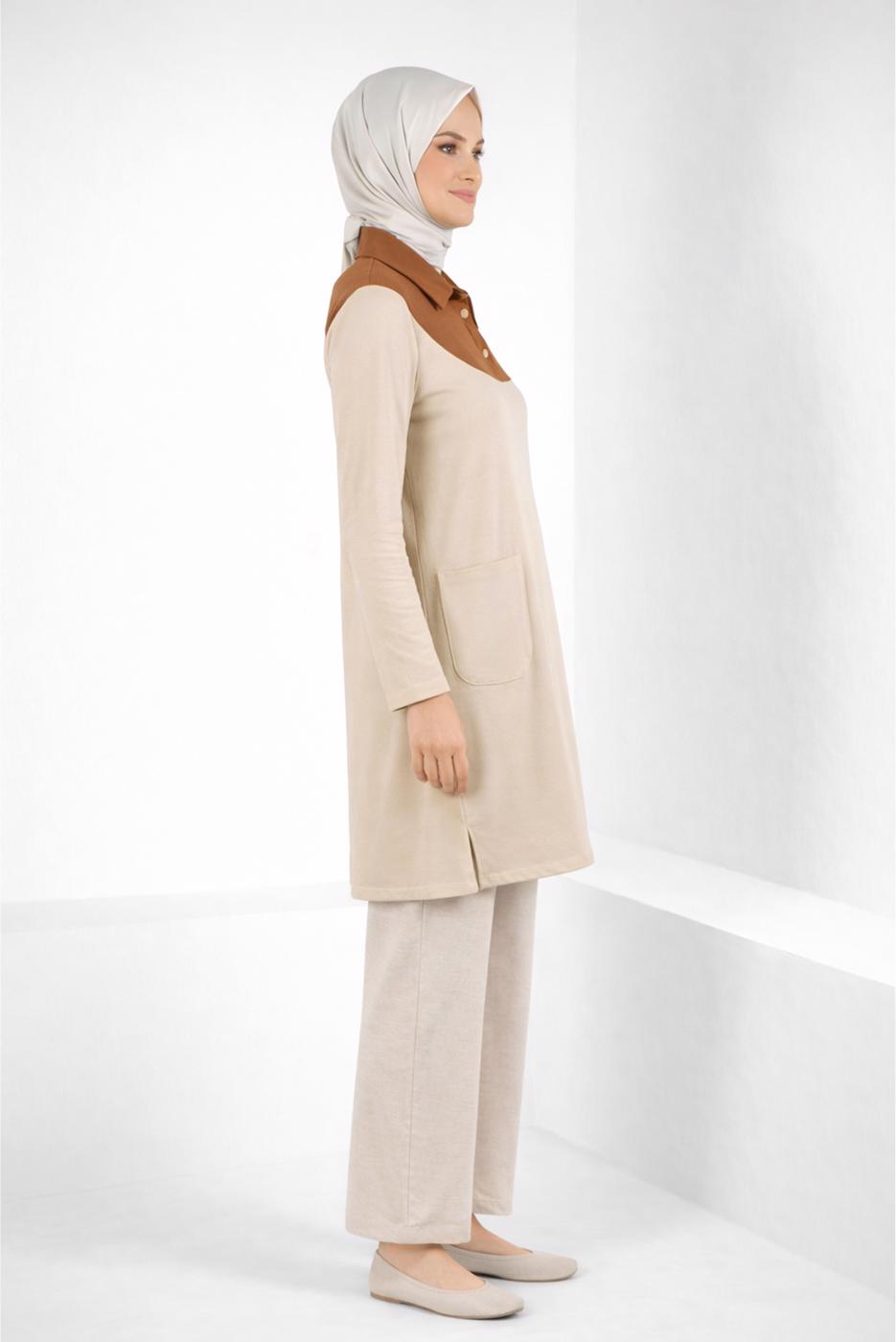 Tesettür giyim BEJ ALVİNA İKİ RENKLİ TUNİK T 44268