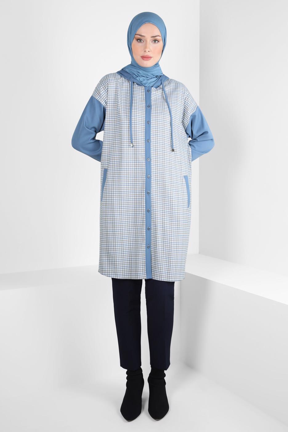 Tesettür giyim MAVİ ALVİNA EKOSE DESENLİ TUNİK T 44317