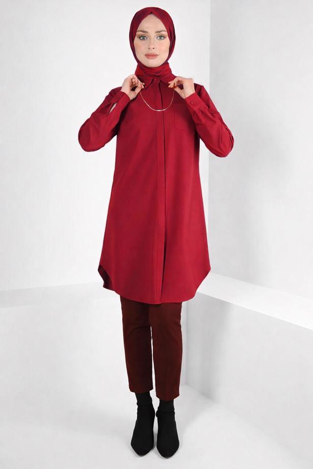 Tesettür giyim KIRMIZI ALVİNA GÖMLEK YAKA TUNİK T 44344 - TRENDTESETTÜR