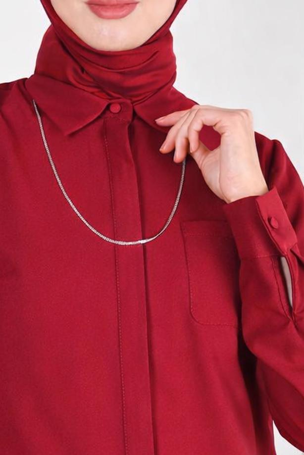 Tesettür giyim KIRMIZI ALVİNA GÖMLEK YAKA TUNİK T 44344 - TRENDTESETTÜR