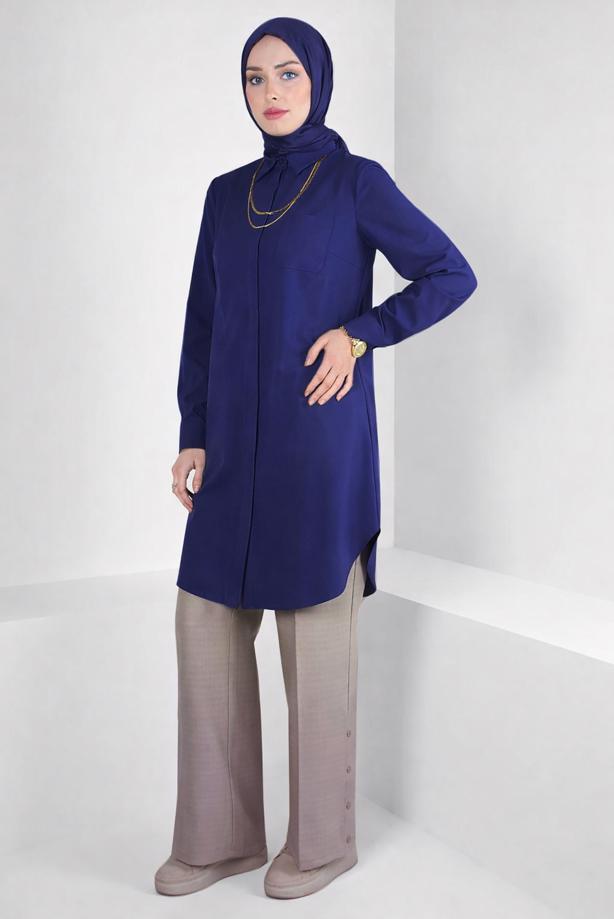Tesettür giyim LACİVERT ALVİNA GÖMLEK YAKA TUNİK T 44344 - TRENDTESETTÜR