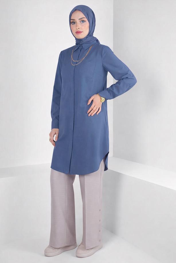 Tesettür giyim YEŞİL ALVİNA GÖMLEK YAKA TUNİK T 44344 - TRENDTESETTÜR