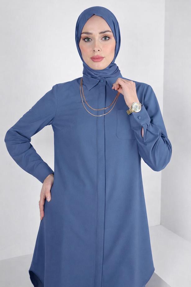 Tesettür giyim YEŞİL ALVİNA GÖMLEK YAKA TUNİK T 44344 - TRENDTESETTÜR