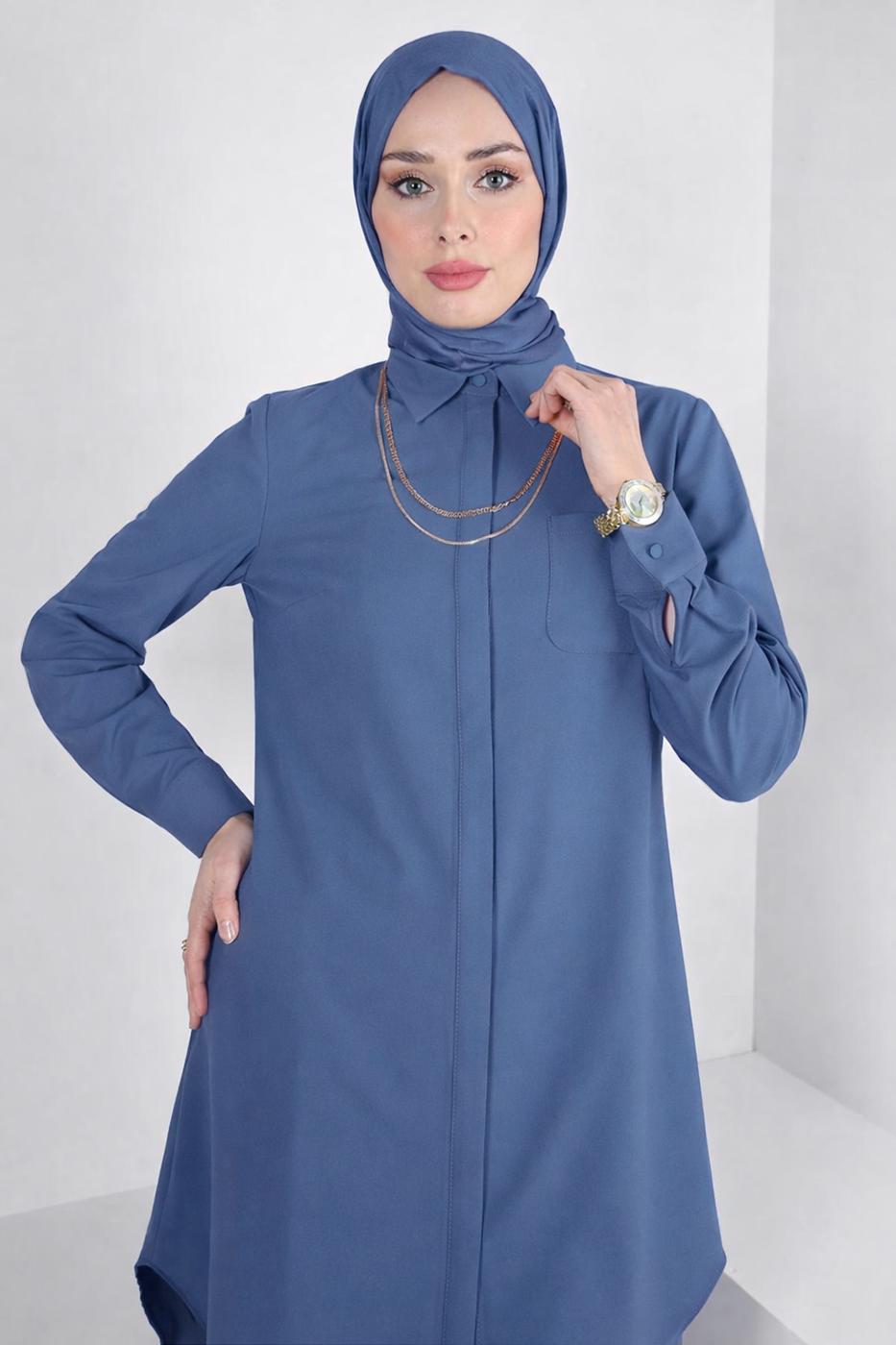 Tesettür giyim YEŞİL ALVİNA GÖMLEK YAKA TUNİK T 44344