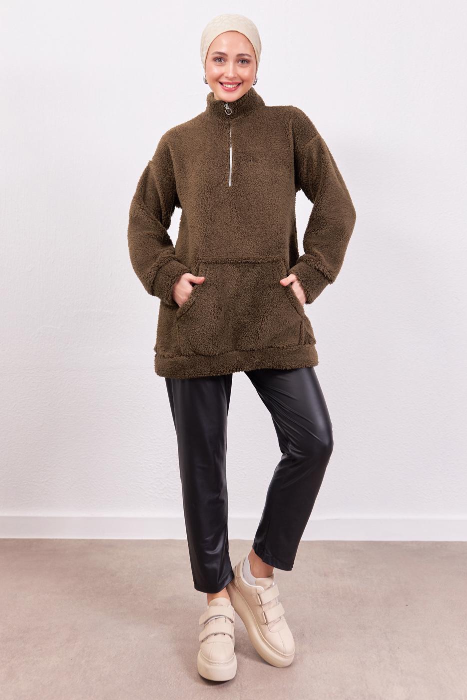 Tesettür giyim KAHVE FERMUARLI PELUŞ TUNİK T 4453