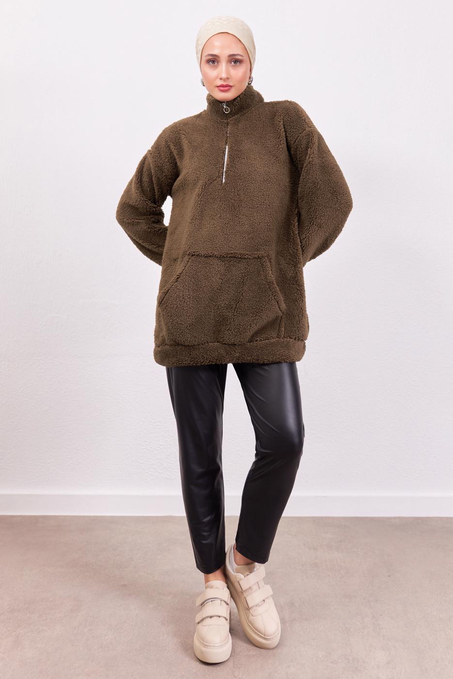 Tesettür giyim KAHVE FERMUARLI PELUŞ TUNİK T 4453