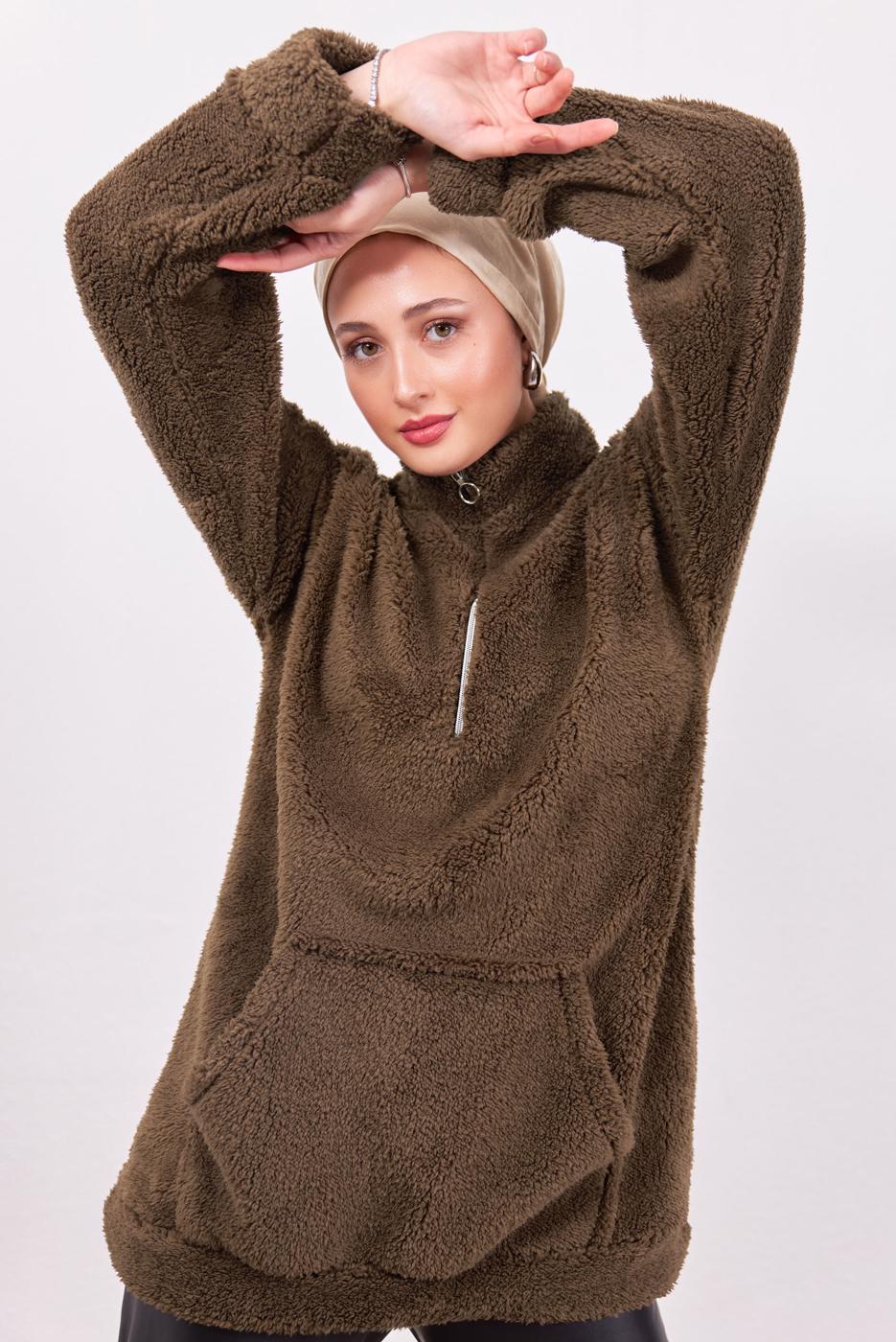 Tesettür giyim KAHVE FERMUARLI PELUŞ TUNİK T 4453