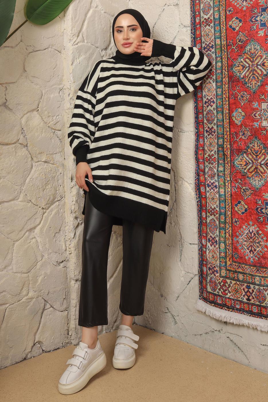 Tesettür giyim SİYAH ÇİZGİLİ TRİKO TUNİK T 4608