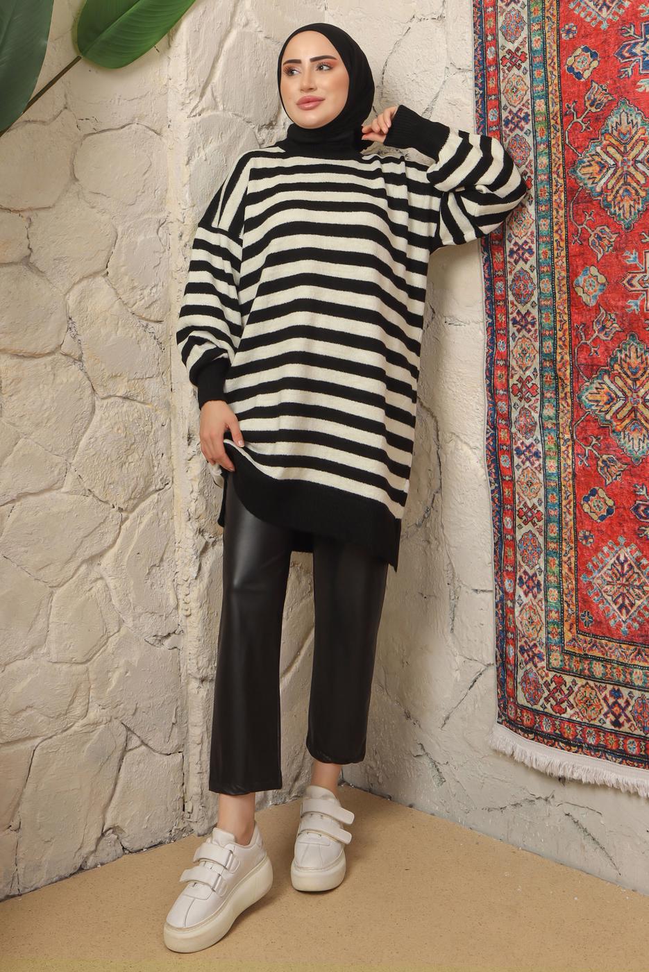 Tesettür giyim SİYAH ÇİZGİLİ TRİKO TUNİK T 4608