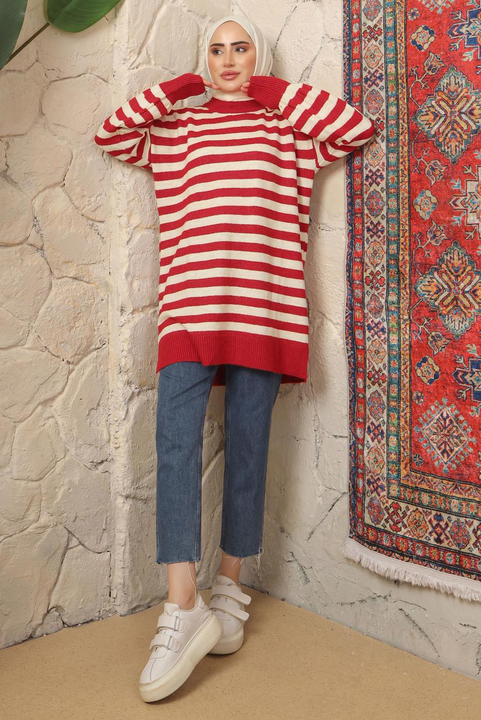 Tesettür giyim KIRMIZI ÇİZGİLİ TRİKO TUNİK T 4608