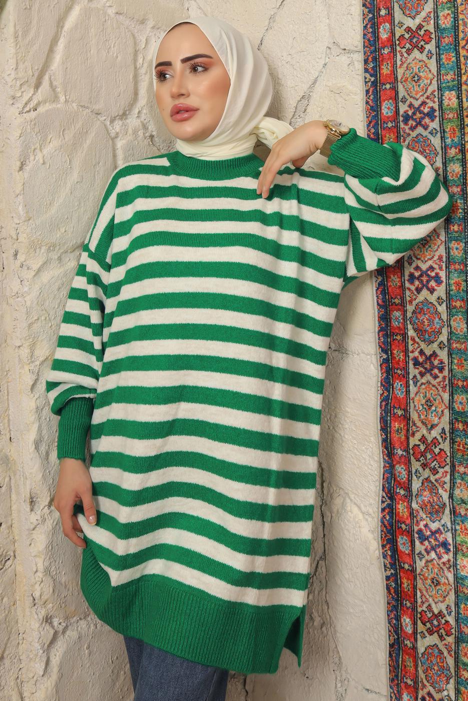 Tesettür giyim YEŞİL ÇİZGİLİ TRİKO TUNİK T 4608