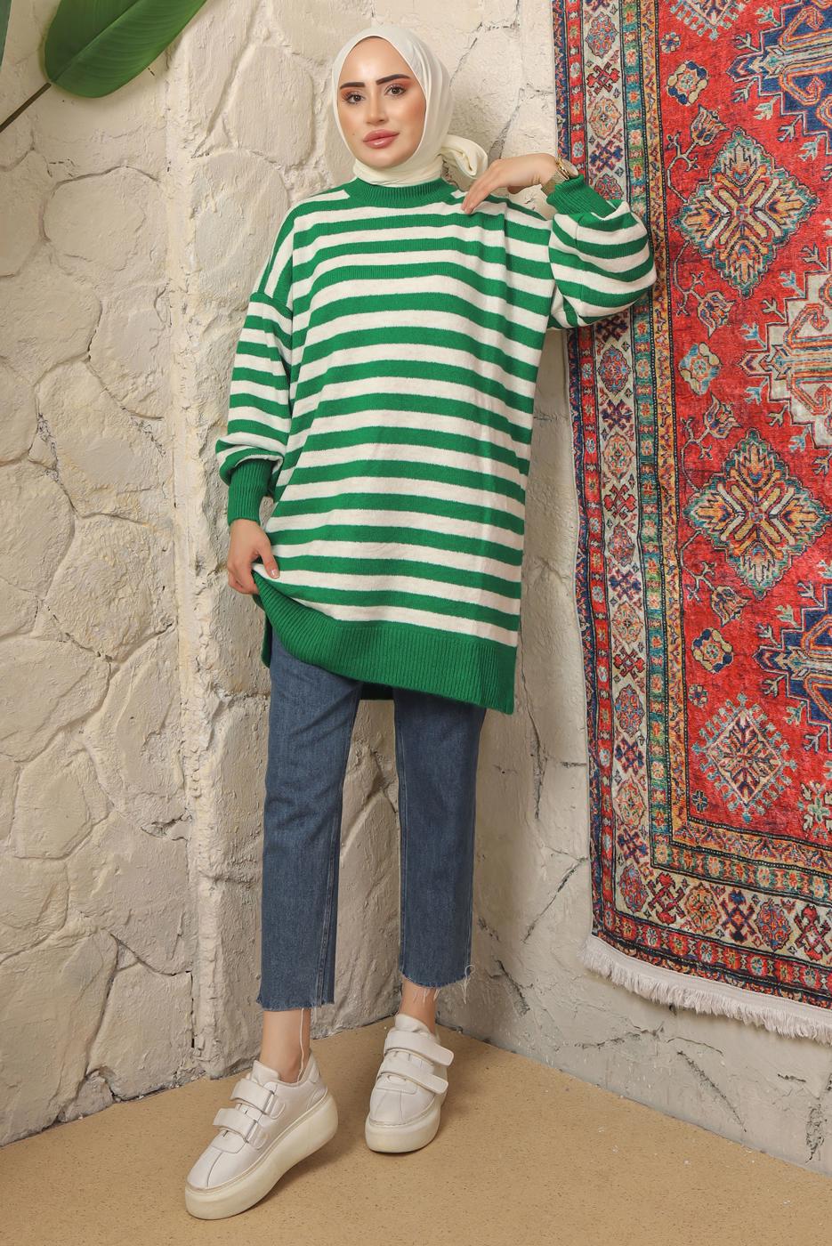 Tesettür giyim YEŞİL ÇİZGİLİ TRİKO TUNİK T 4608