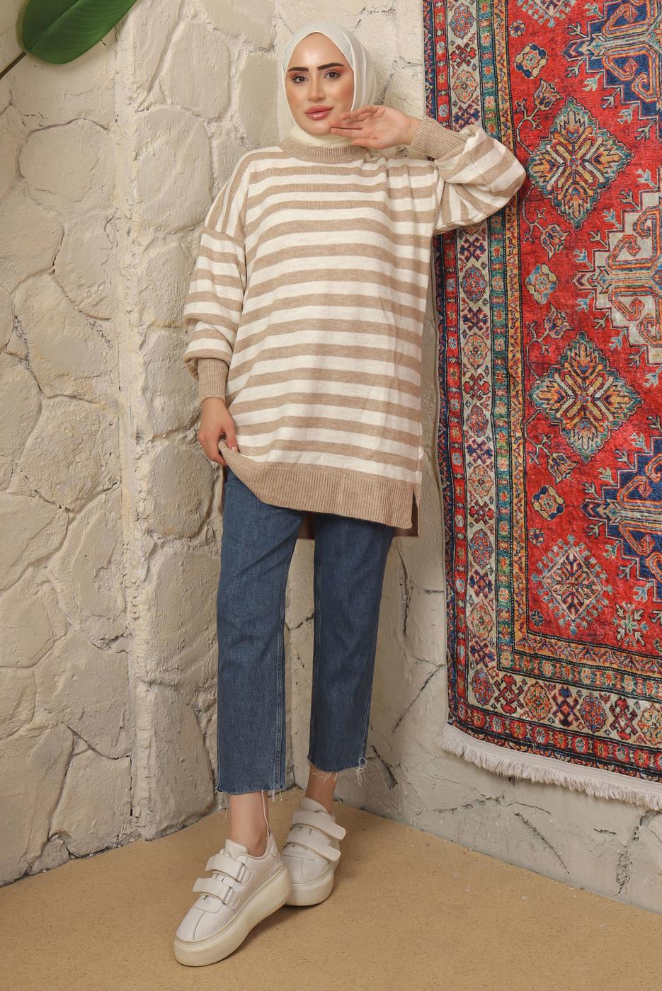 Tesettür giyim VİZON ÇİZGİLİ TRİKO TUNİK T 4608