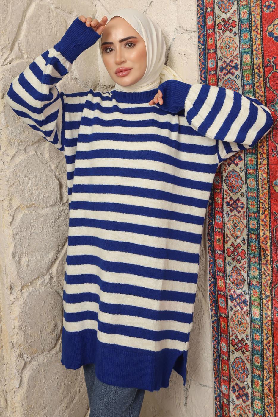 Tesettür giyim LACİVERT ÇİZGİLİ TRİKO TUNİK T 4608