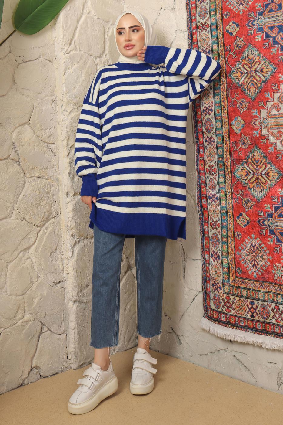 Tesettür giyim LACİVERT ÇİZGİLİ TRİKO TUNİK T 4608