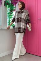 Tesettür giyim KAHVE KARELİ TRİKO TUNİK T 4734