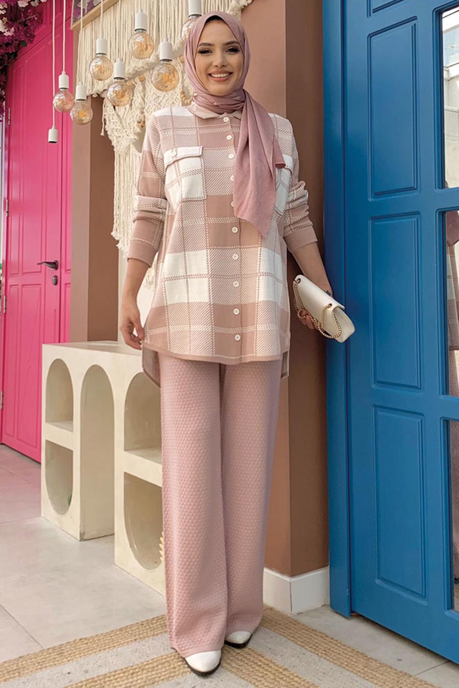 Tesettür giyim PUDRA KARELİ TRİKO TUNİK T 4734