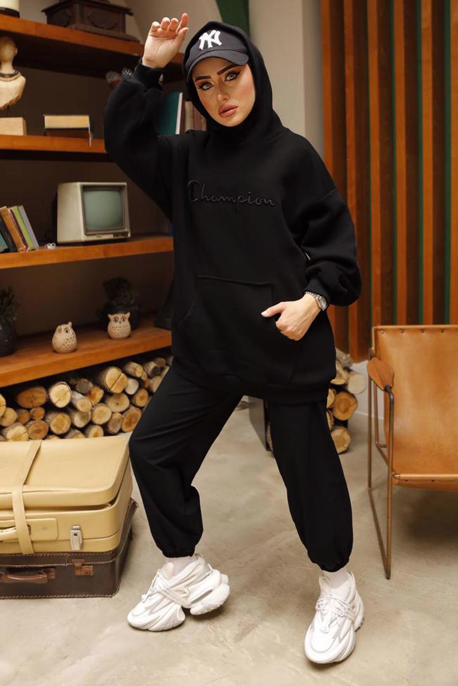 Tesettür giyim SİYAH KAPÜŞONLU ŞARDONLU SWEATSHIRT T 4797