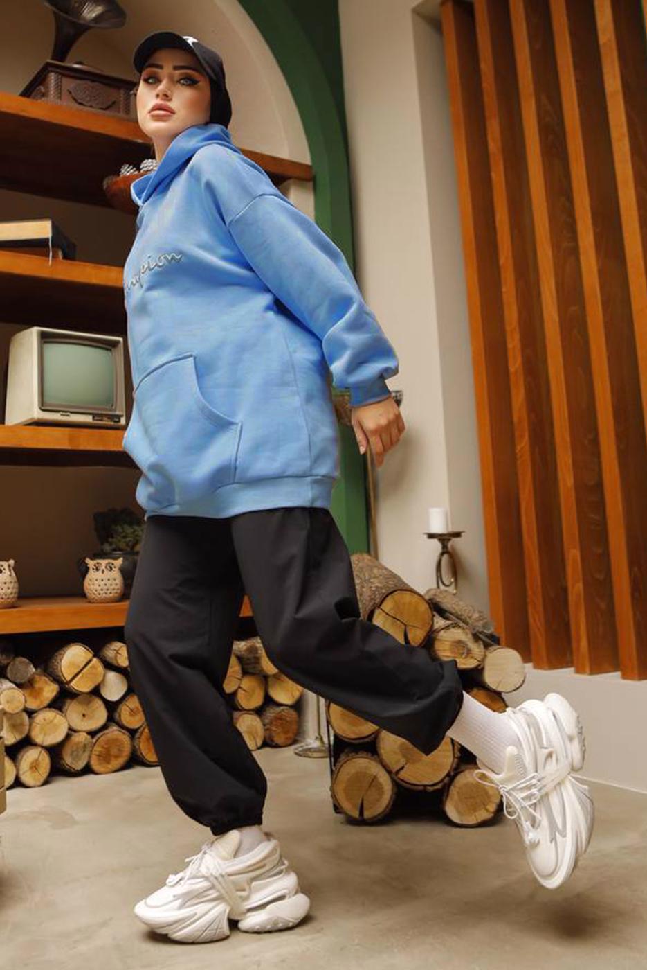 Tesettür giyim MAVİ KAPÜŞONLU ŞARDONLU SWEATSHIRT T 4797