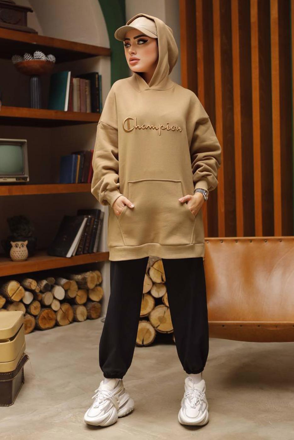 Tesettür giyim KAHVE KAPÜŞONLU ŞARDONLU SWEATSHIRT T 4797