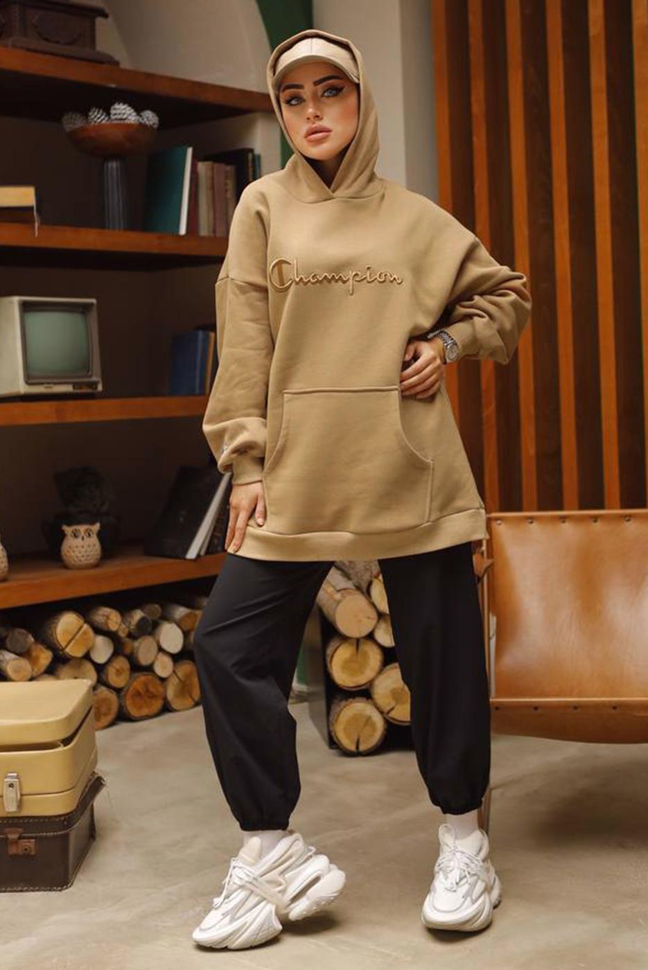 Tesettür giyim KAHVE KAPÜŞONLU ŞARDONLU SWEATSHIRT T 4797