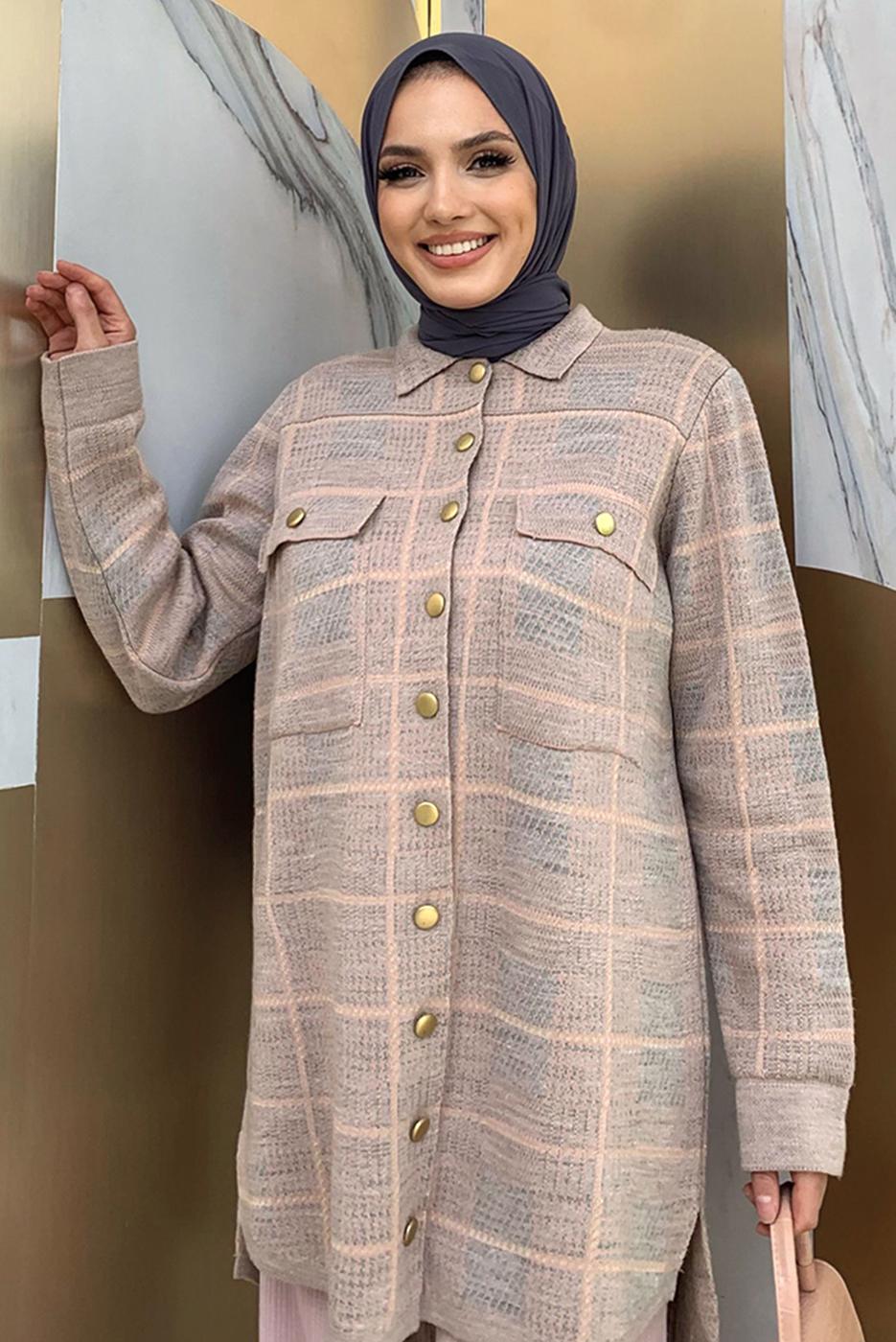 Tesettür giyim PUDRA CEPLİ GÖMLEK TUNİK T 5734