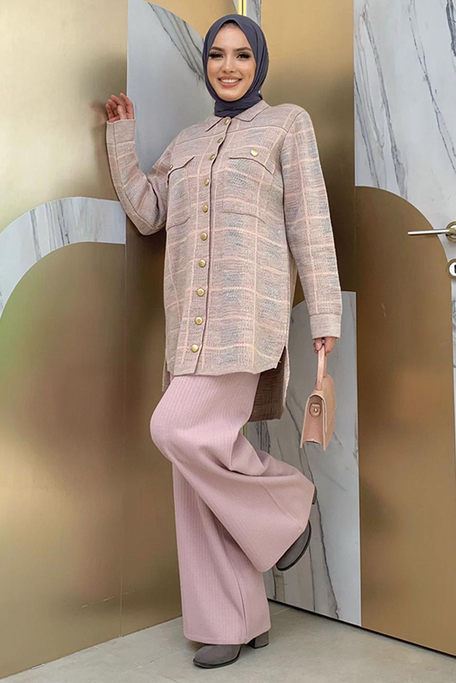 Tesettür giyim PUDRA CEPLİ GÖMLEK TUNİK T 5734