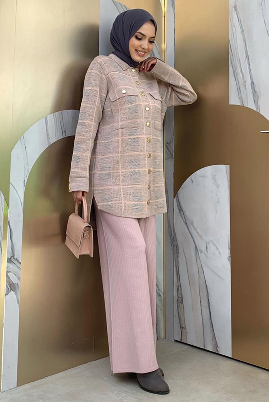 Tesettür giyim PUDRA CEPLİ GÖMLEK TUNİK T 5734