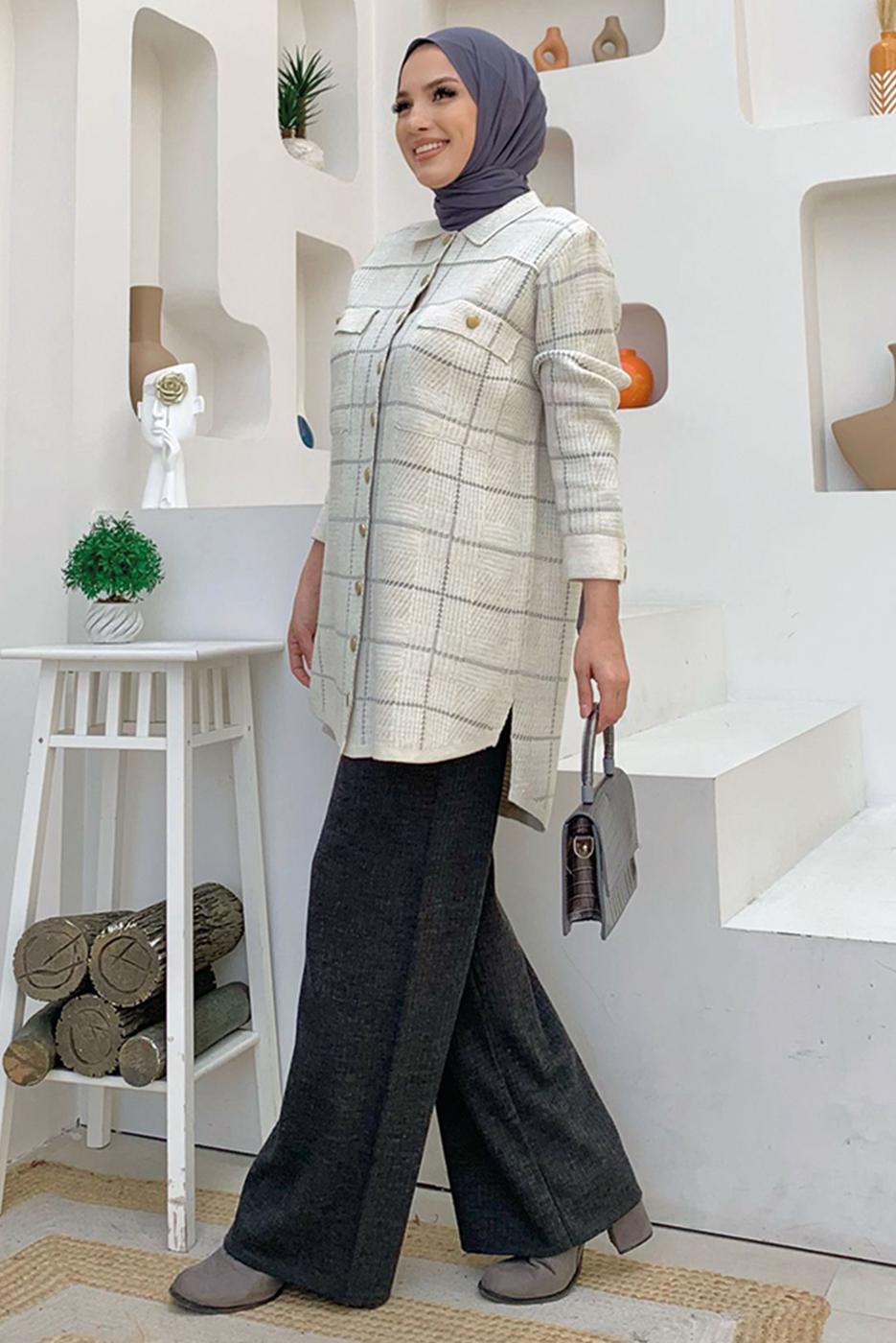 Tesettür giyim BEJ CEPLİ GÖMLEK TUNİK T 5734