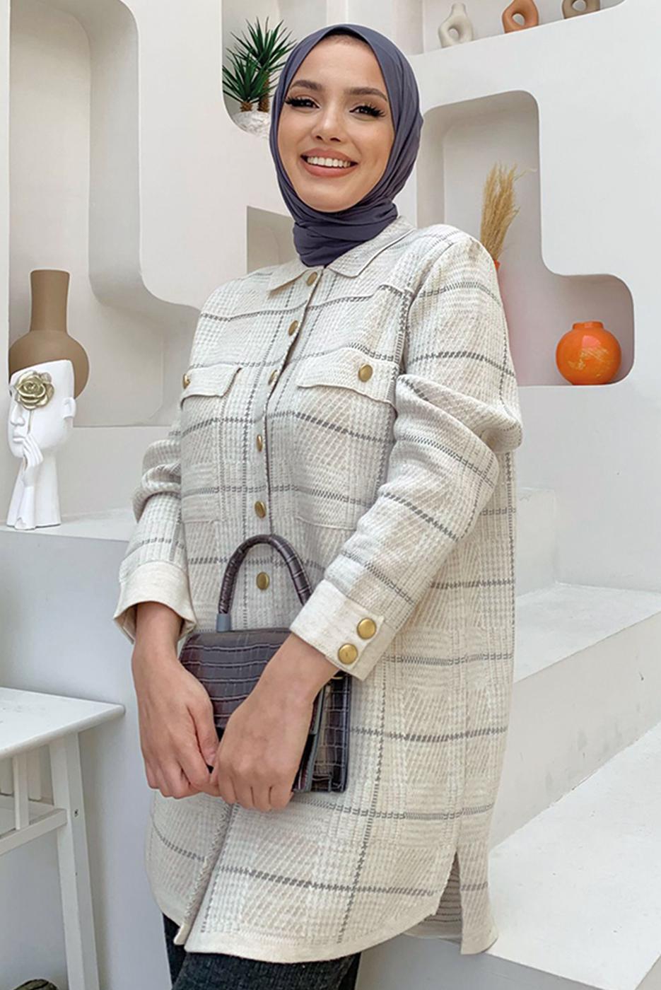 Tesettür giyim BEJ CEPLİ GÖMLEK TUNİK T 5734