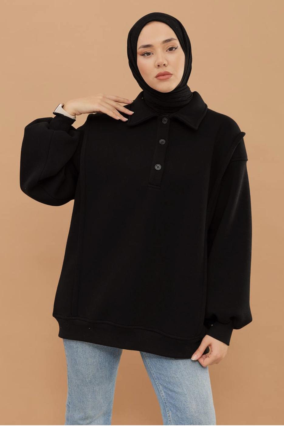 Tesettür giyim SİYAH ŞARDONLU BALON KOL TUNİK T 6023