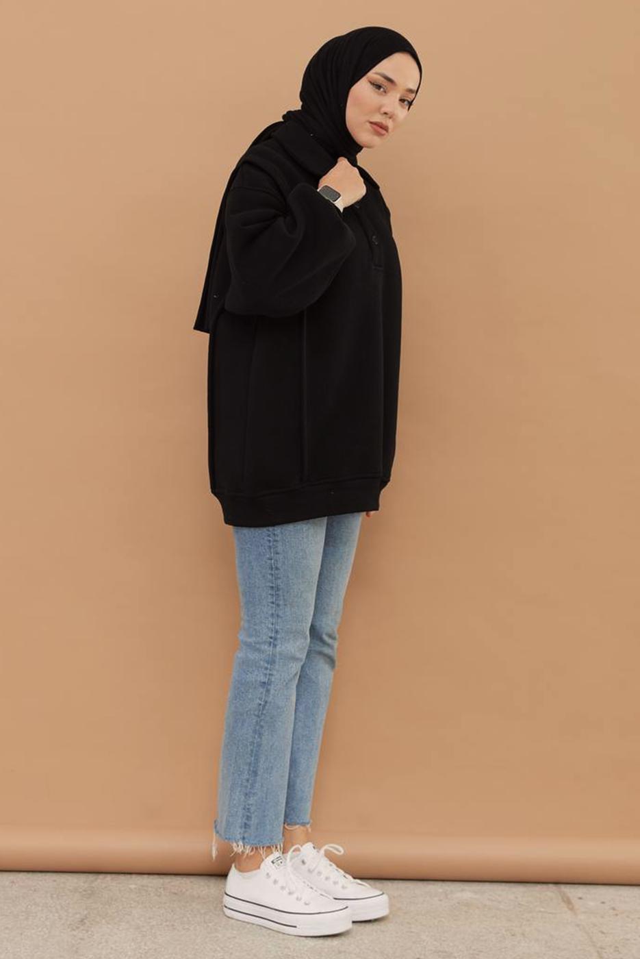 Tesettür giyim SİYAH ŞARDONLU BALON KOL TUNİK T 6023