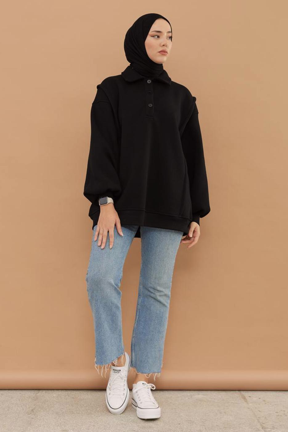 Tesettür giyim SİYAH ŞARDONLU BALON KOL TUNİK T 6023