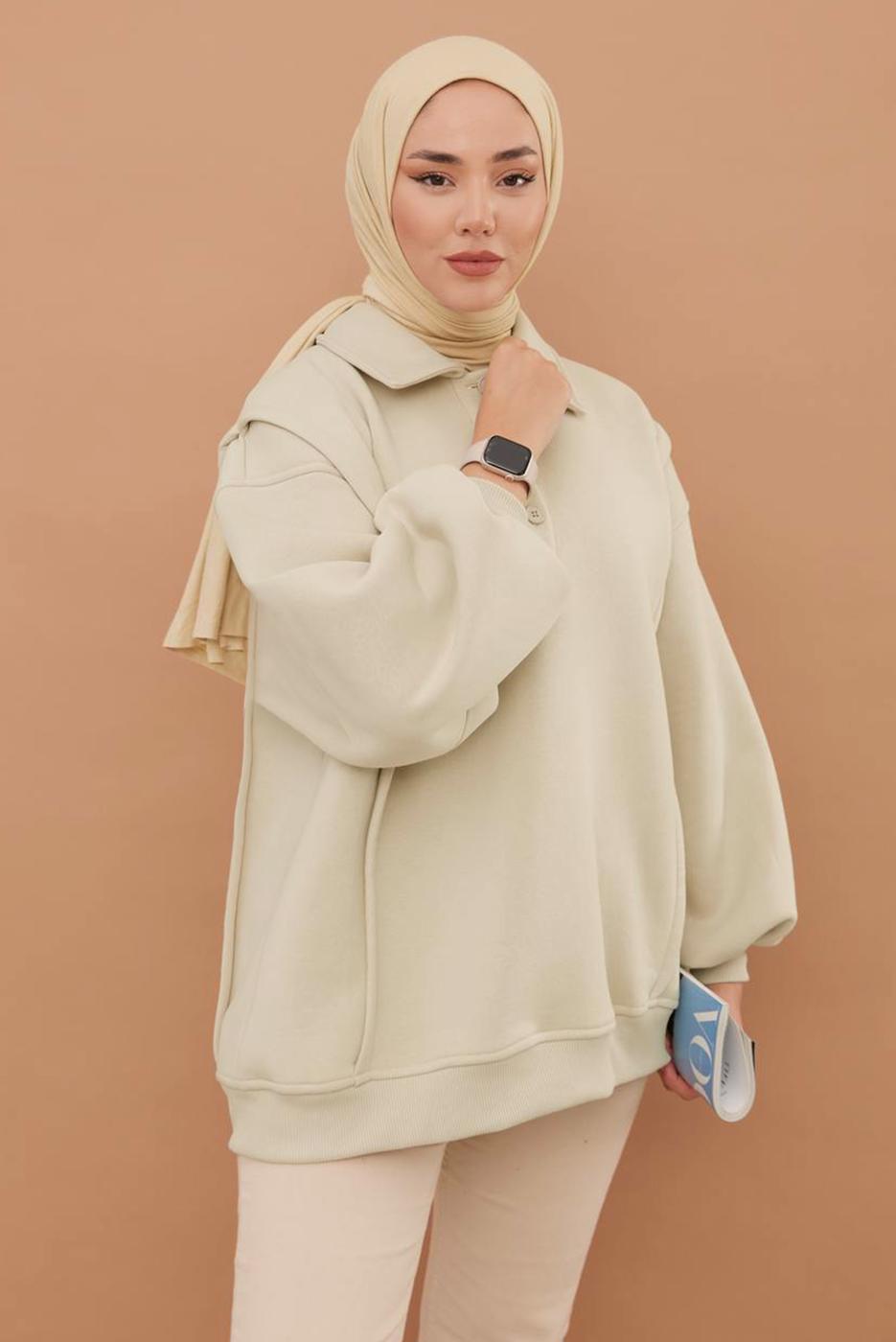 Tesettür giyim BEJ ŞARDONLU BALON KOL TUNİK T 6023