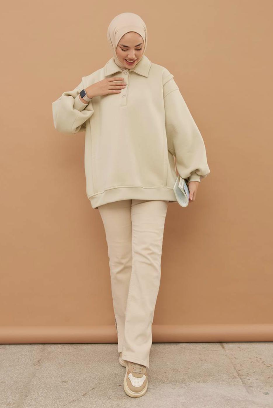 Tesettür giyim BEJ ŞARDONLU BALON KOL TUNİK T 6023