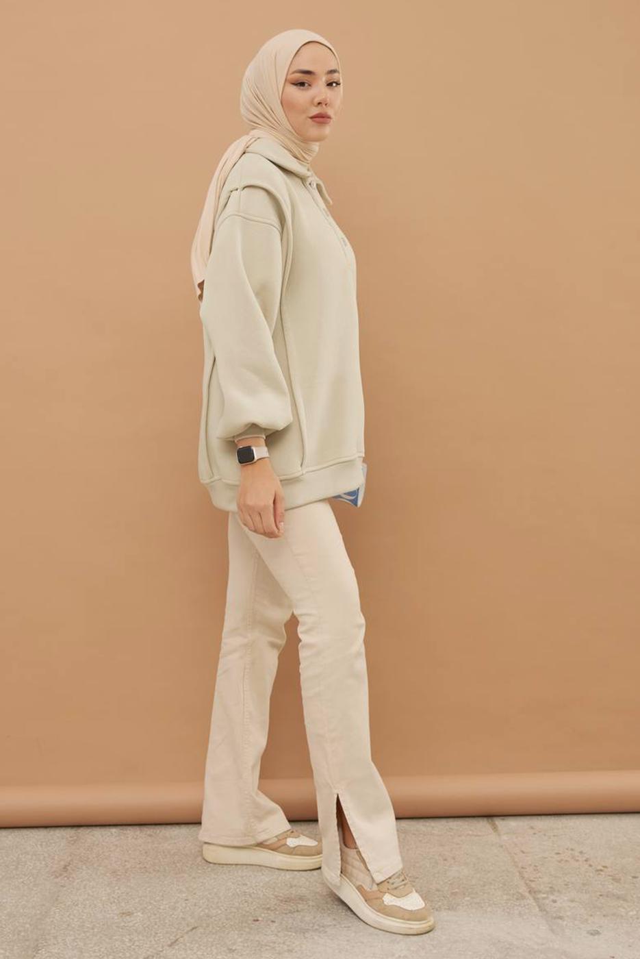 Tesettür giyim BEJ ŞARDONLU BALON KOL TUNİK T 6023