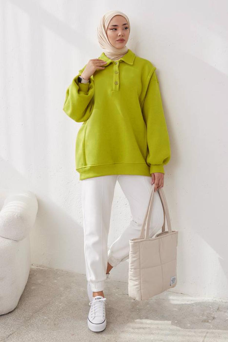 Tesettür giyim YEŞİL ŞARDONLU BALON KOL TUNİK T 6023