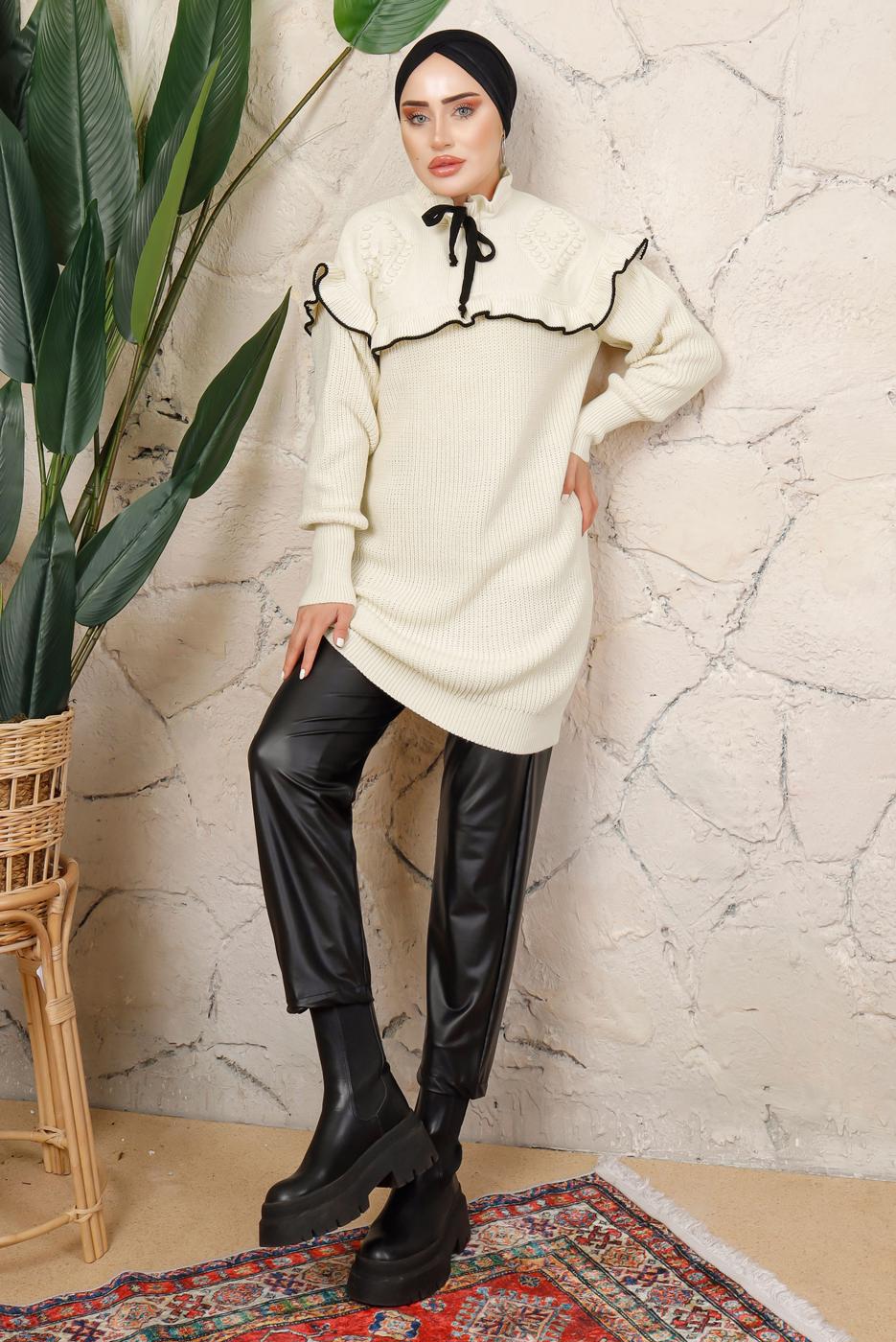 Tesettür giyim KREM FIRFIRLI TRİKO ÖRME TUNİK T 7108